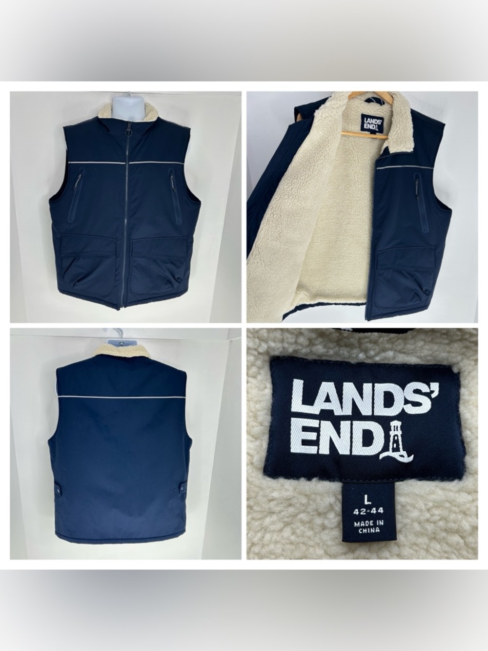 Lands' End Navy Blue Sherpa Lined Full Zip Vest Mens Large‎ Utility Outdoor Work